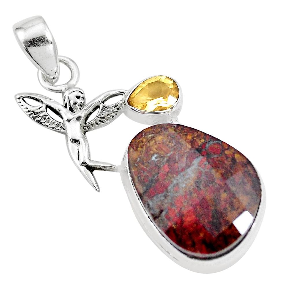 18.46cts natural brown pietersite 925 silver angel wings fairy pendant p16188