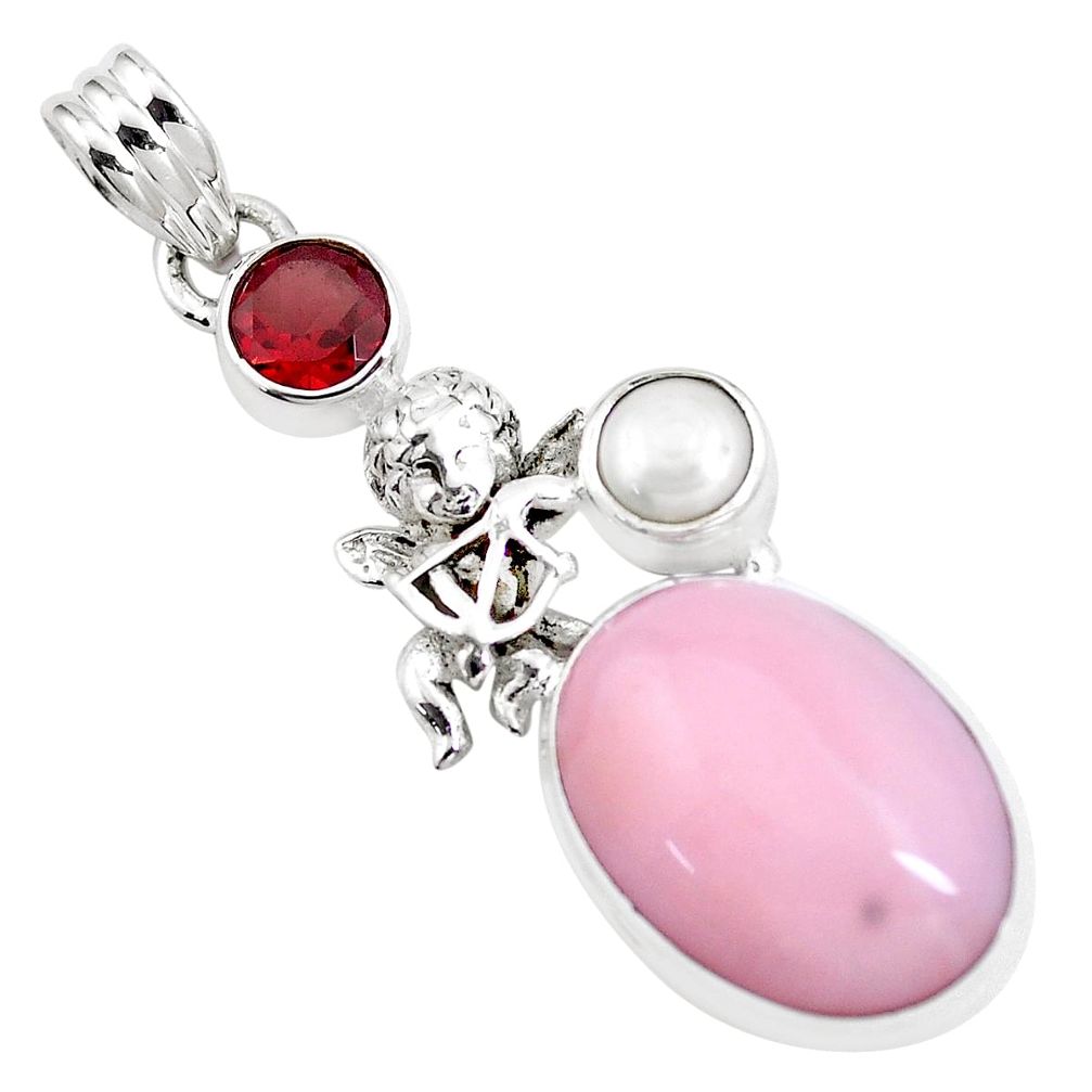 14.72cts natural pink opal garnet pearl silver cupid angel wings pendant p16230