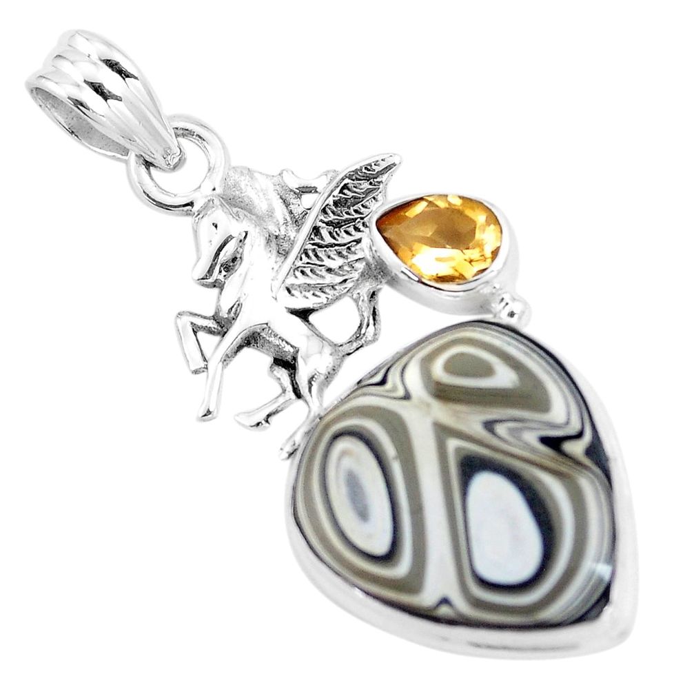 10.76cts brown fordite detroit agate citrine 925 silver unicorn pendant p16310