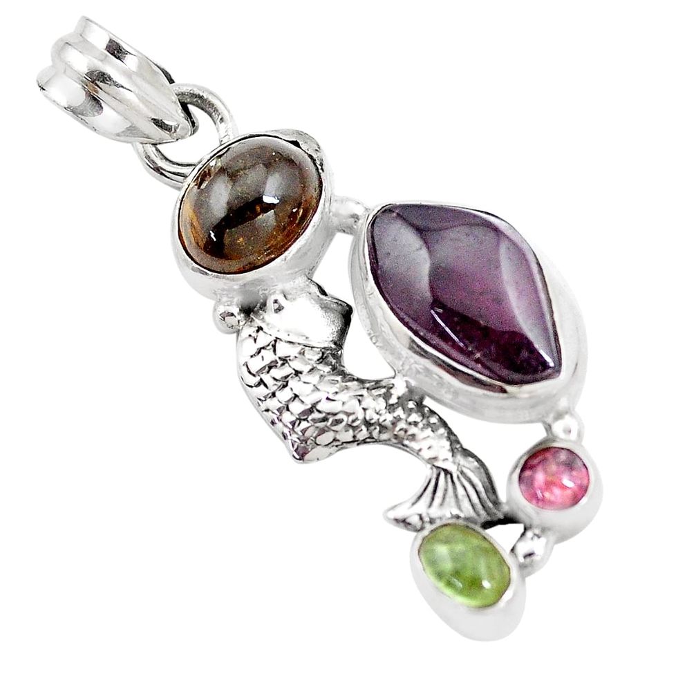 10.37cts natural multicolor tourmaline 925 sterling silver fish pendant p16321