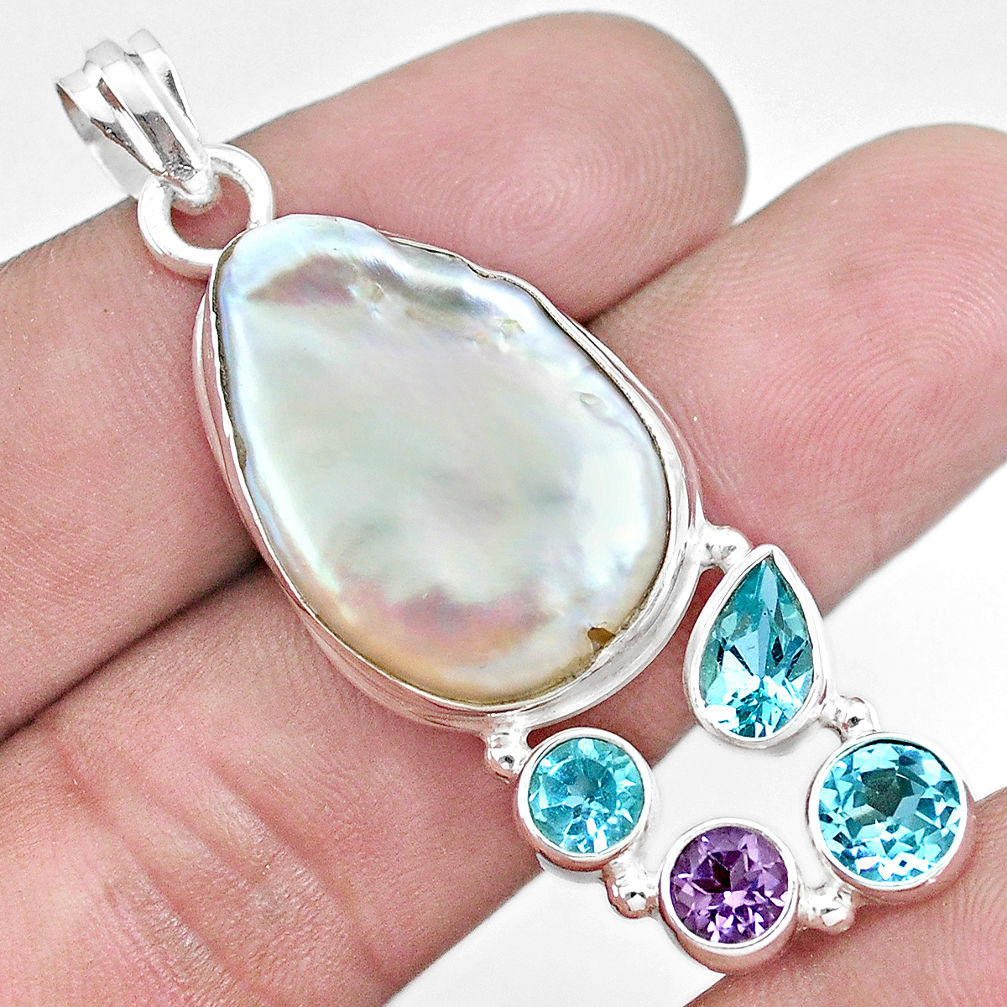 24.38cts natural white biwa pearl amethyst topaz 925 silver pendant p16986