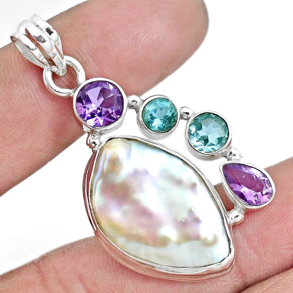 24.00cts natural white biwa pearl amethyst topaz 925 silver pendant p16991