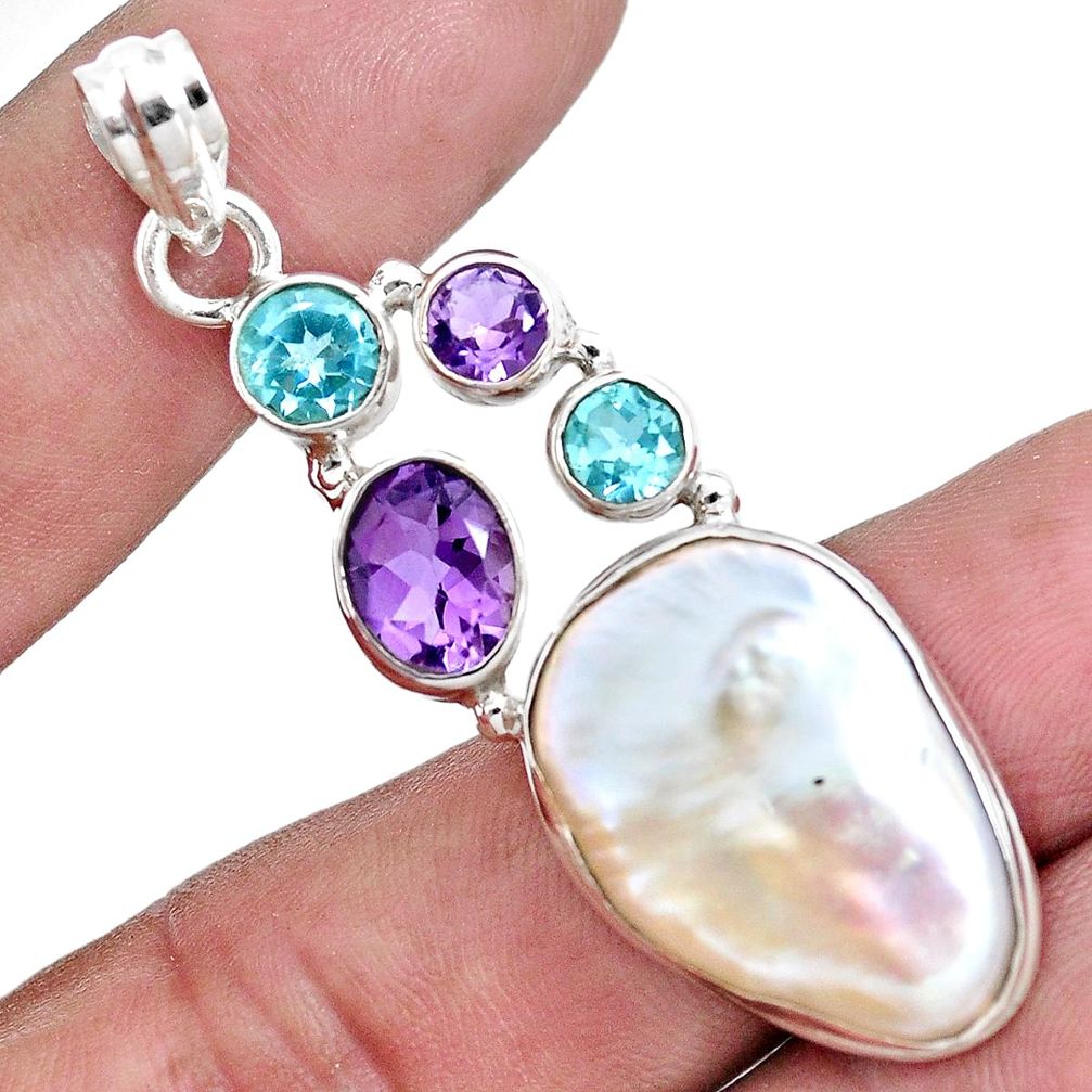 925 silver 25.60cts natural white biwa pearl amethyst topaz pendant p16998