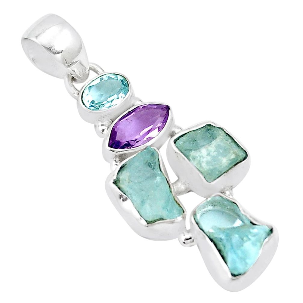 13.24cts natural aqua aquamarine rough amethyst topaz 925 silver pendant p17061