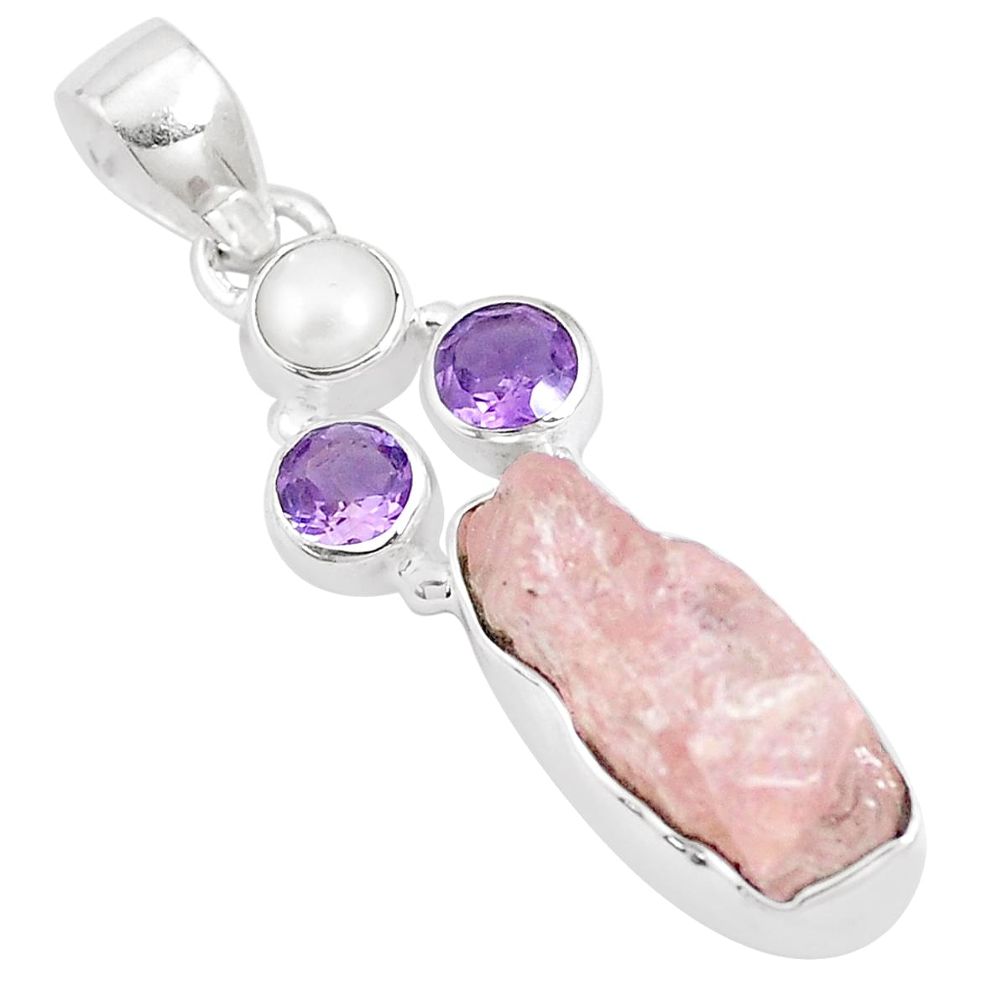 11.57cts natural pink morganite rough amethyst pearl 925 silver pendant p17137