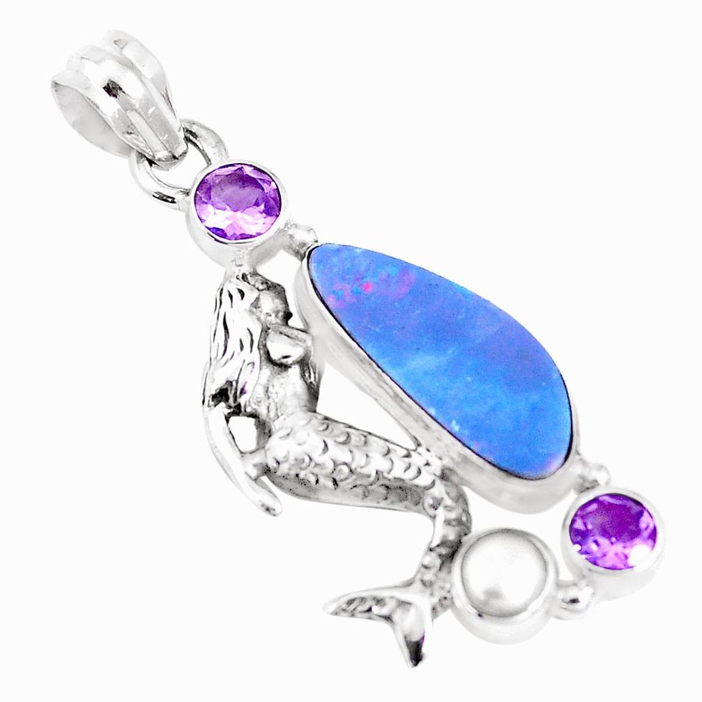 Pearl silver natural blue doublet opal australian fairy mermaid pendant p17423