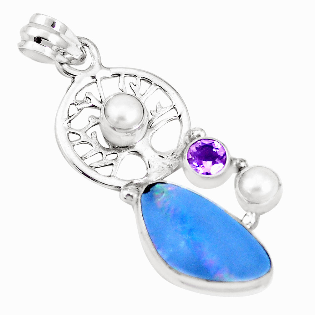 Natural blue doublet opal australian pearl silver tree of life pendant p17426