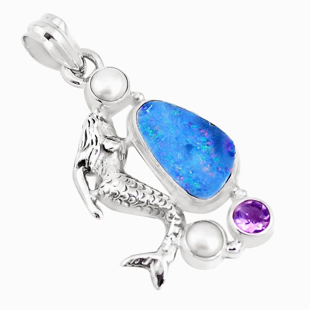 925 silver natural blue doublet opal australian fairy mermaid pendant p17431