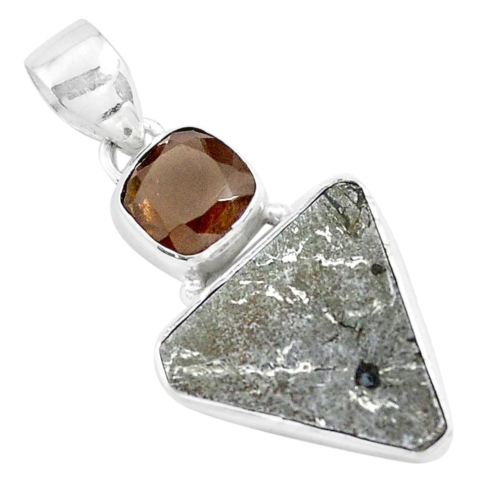 13.15cts natural grey meteorite gibeon smoky topaz 925 silver pendant p19522
