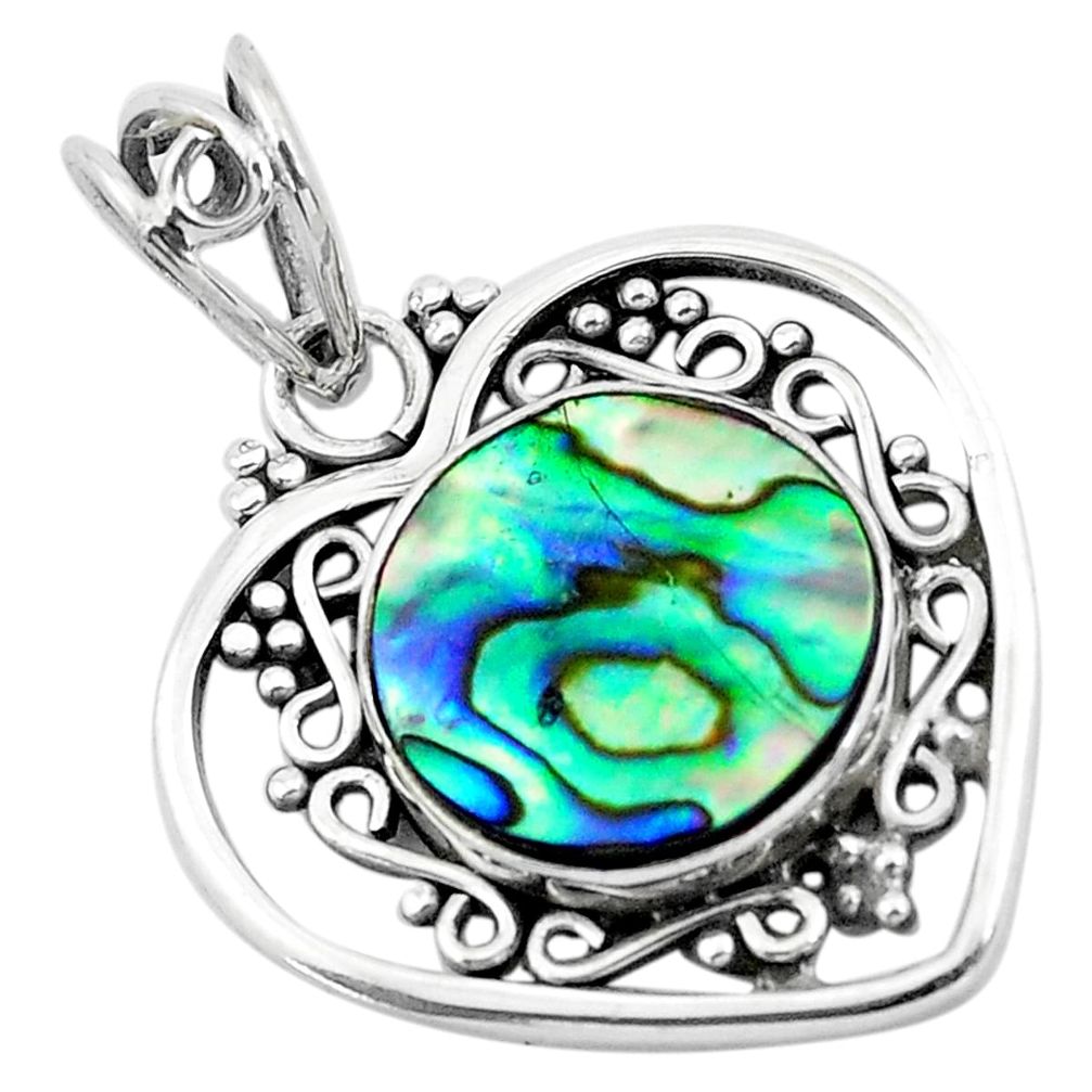 4.92cts natural green abalone paua seashell 925 silver heart pendant p19683