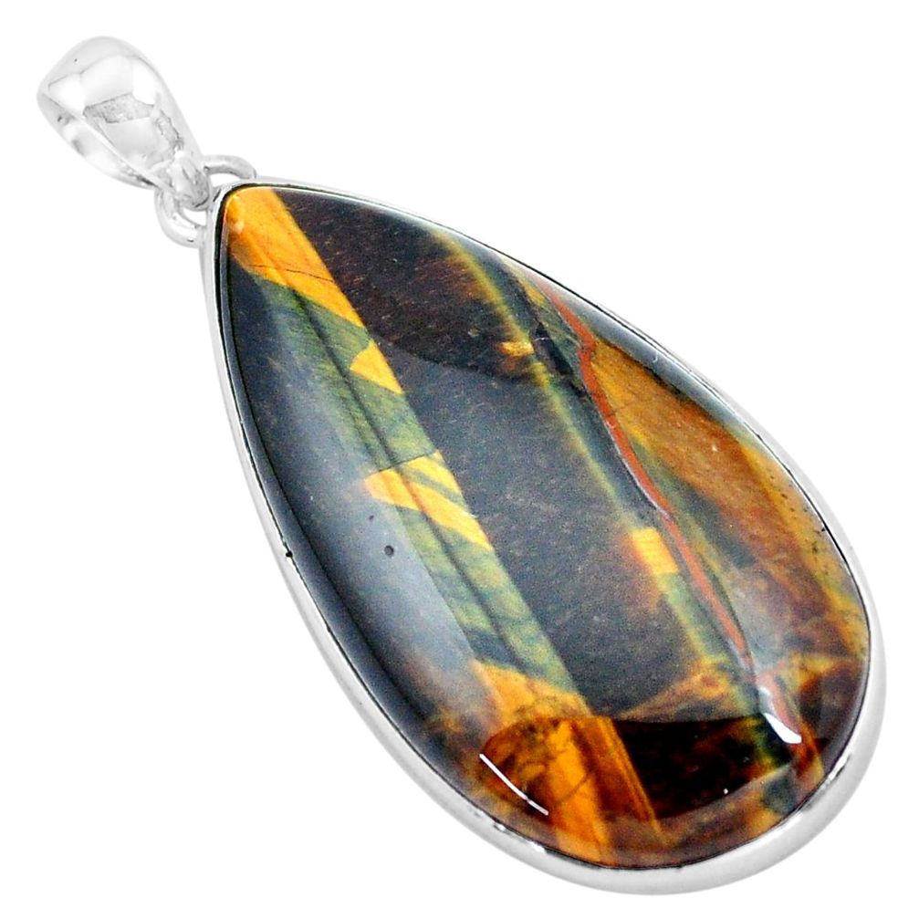 50.23cts natural brown tiger's hawks eye 925 sterling silver pendant p19893