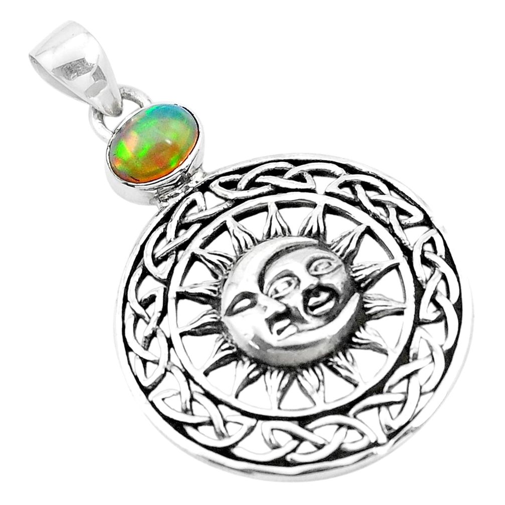 Natural multicolor ethiopian opal 925 silver crescent moon star pendant p19937