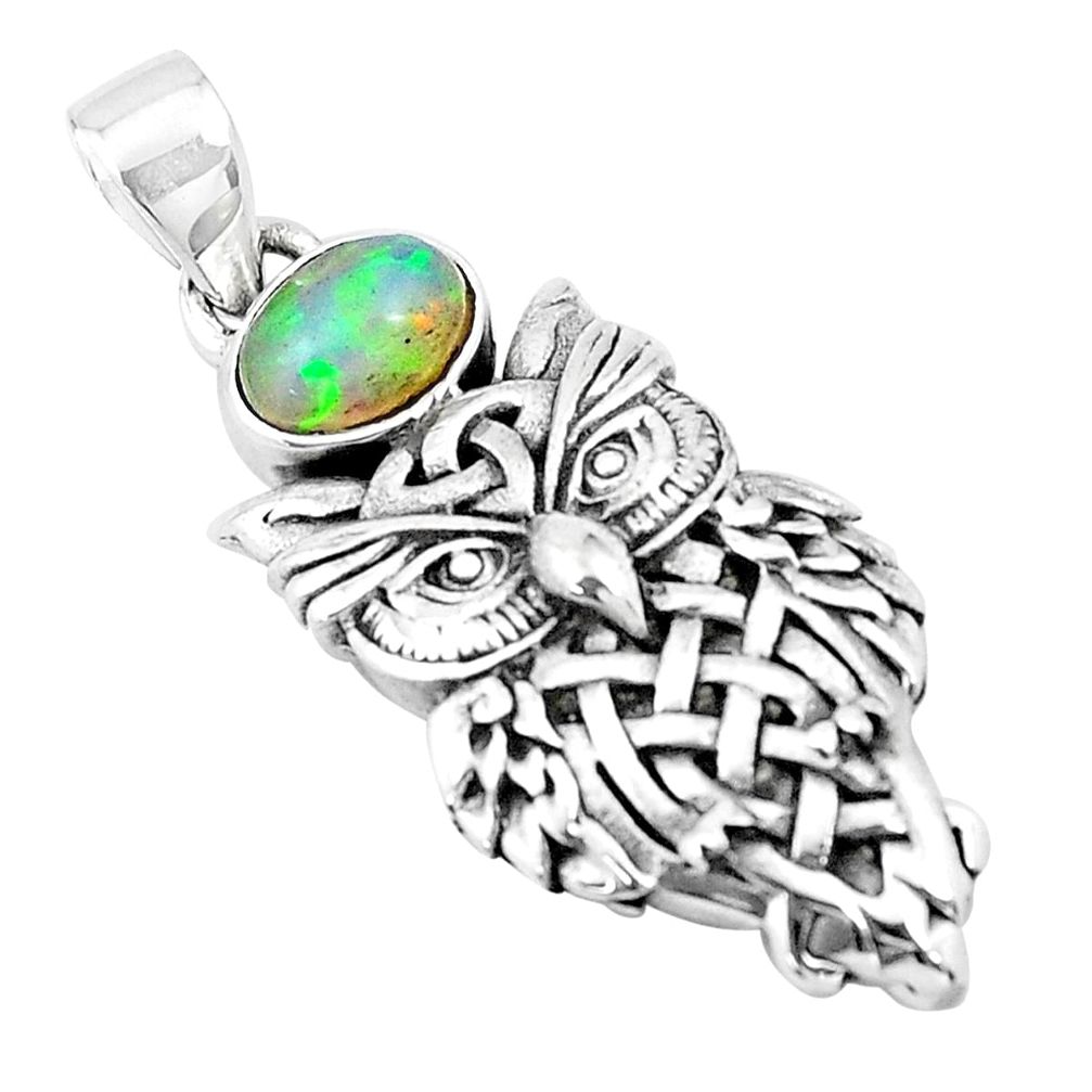 2.34cts natural multicolor ethiopian opal 925 sterling silver owl pendant p19942
