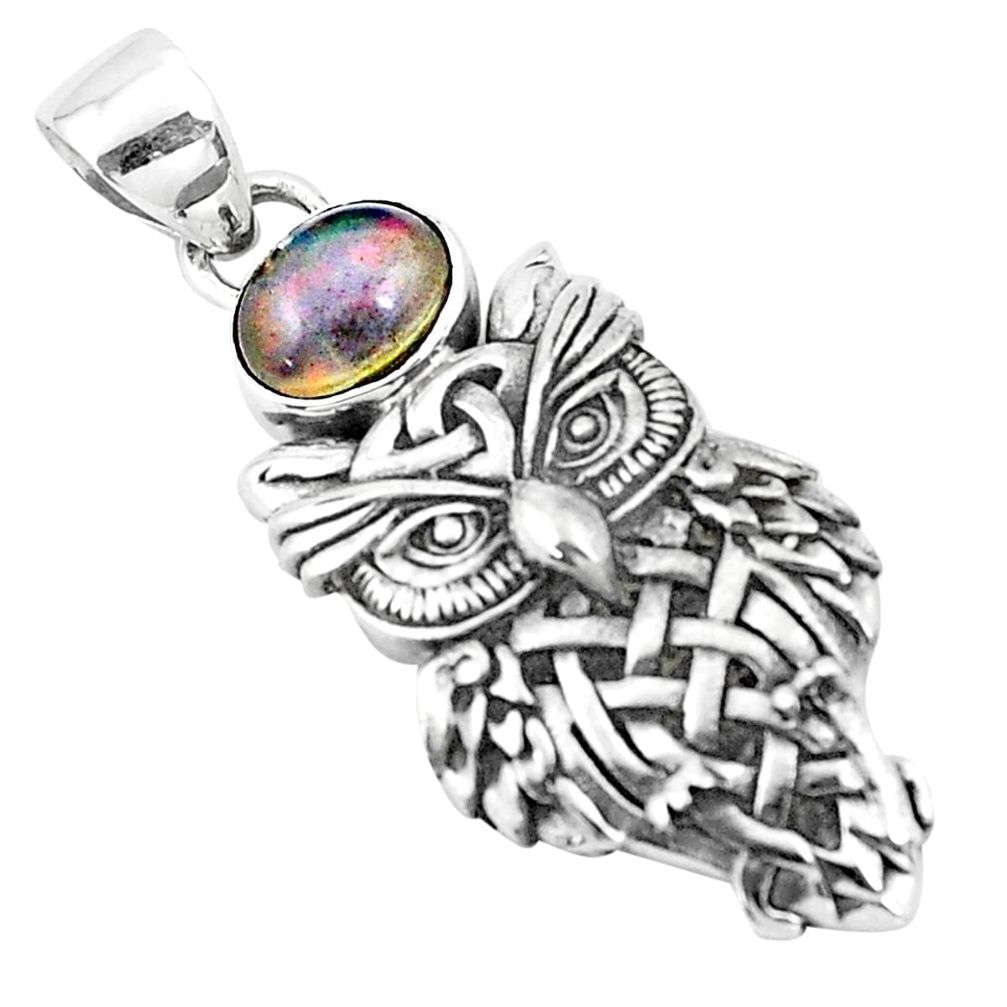2.27cts natural multicolor ethiopian opal 925 sterling silver owl pendant p19948