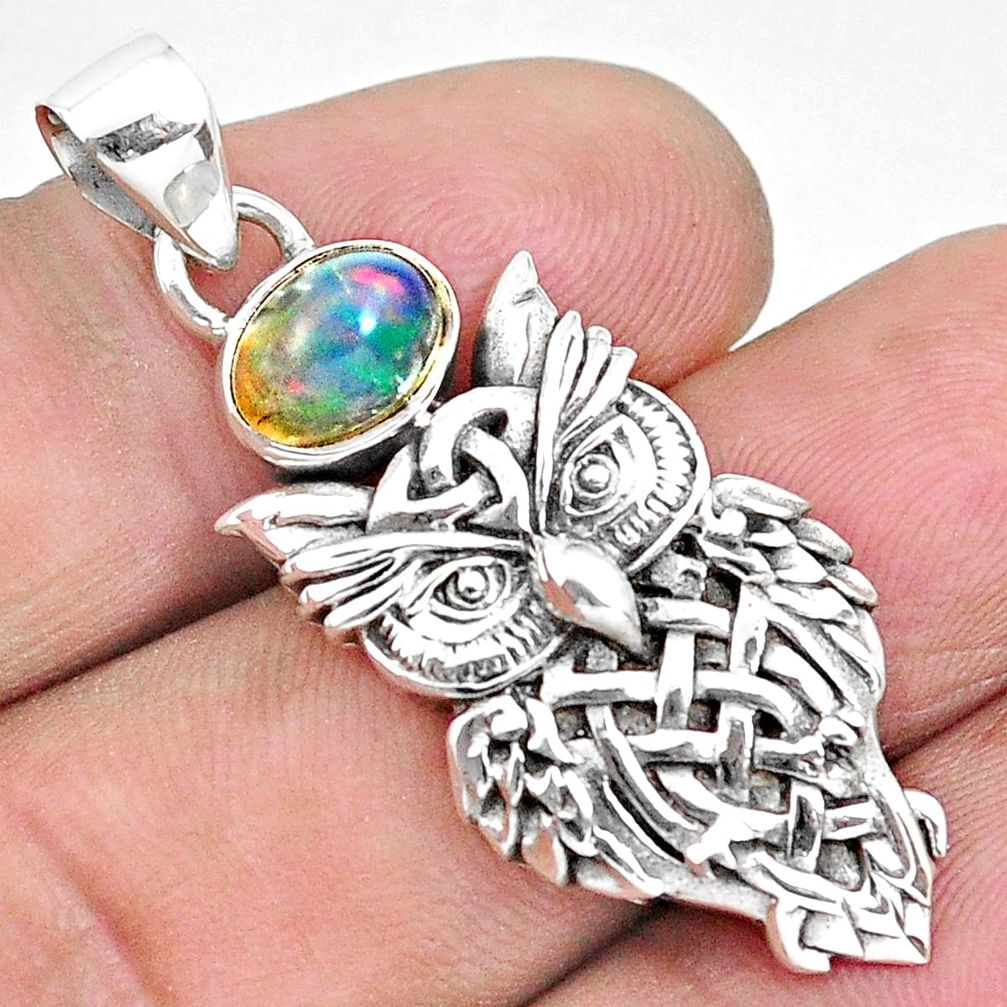 925 sterling silver 2.50cts natural multicolor ethiopian opal owl pendant p19978