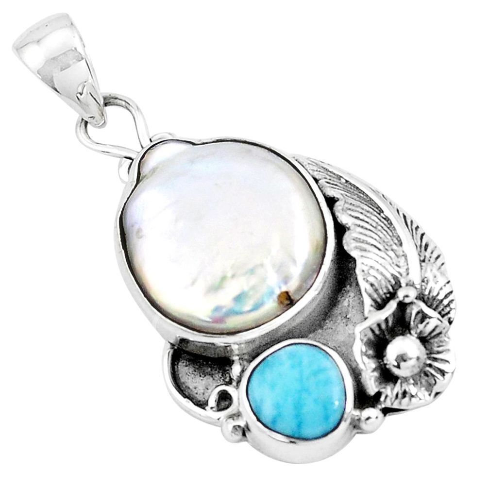 11.45cts natural white pearl larimar 925 sterling silver pendant jewelry p20008