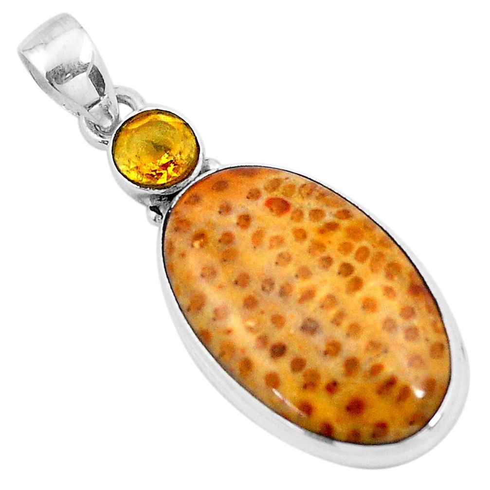 14.72cts natural yellow fossil coral petoskey stone 925 silver pendant p20301