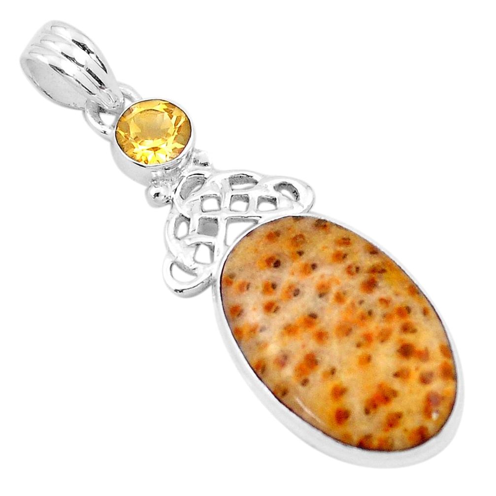 13.66cts natural yellow fossil coral petoskey stone 925 silver pendant p20302