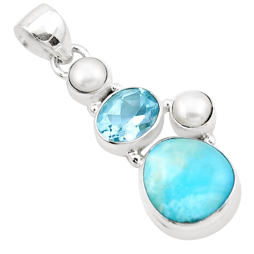 925 sterling silver 10.24cts natural blue larimar topaz pearl pendant p20714