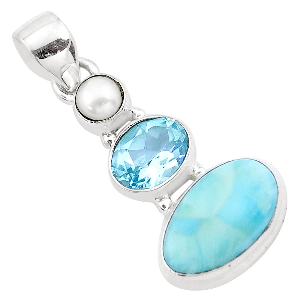 8.80cts natural blue larimar topaz pearl 925 sterling silver pendant p20722