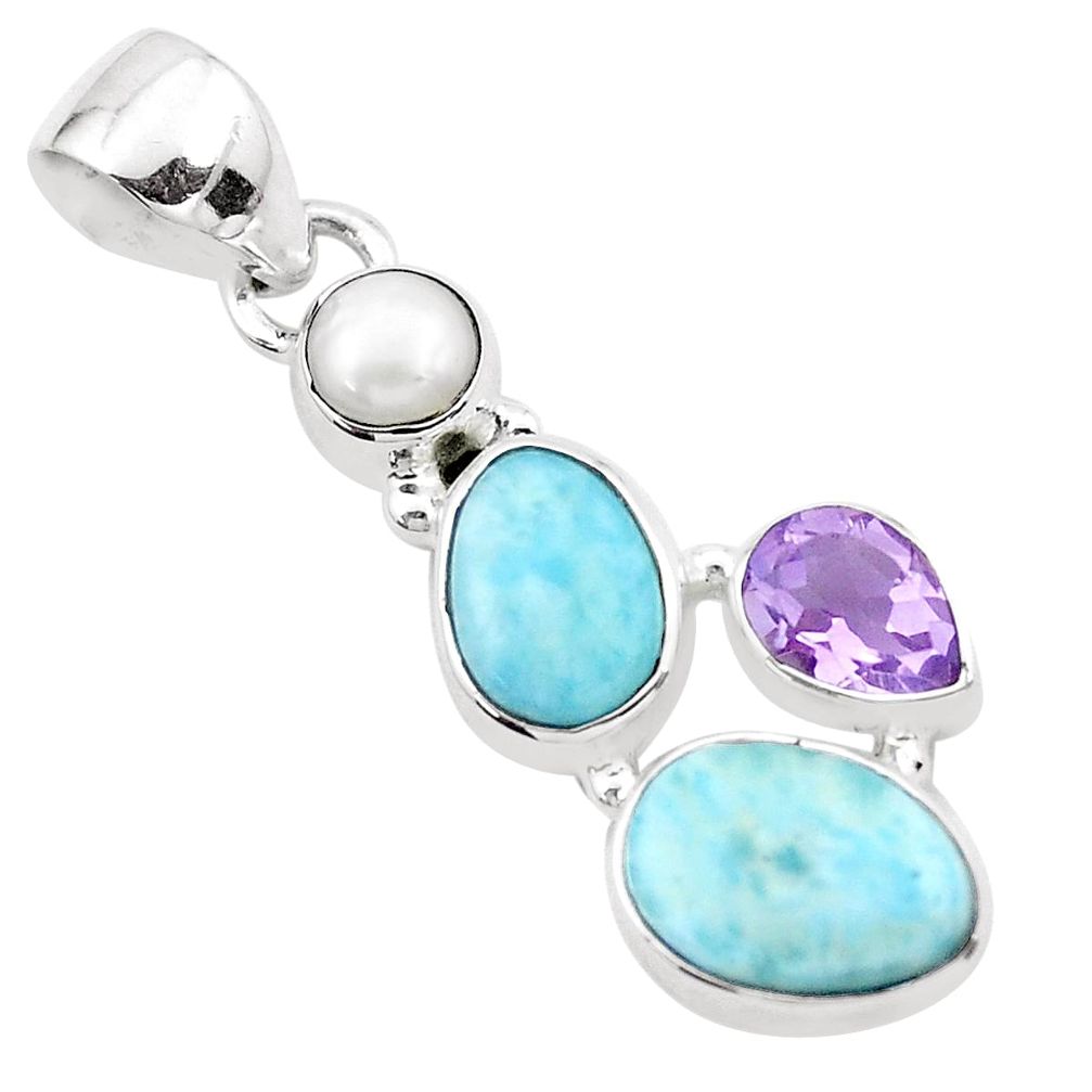 7.65cts natural blue larimar amethyst pearl 925 sterling silver pendant p20735