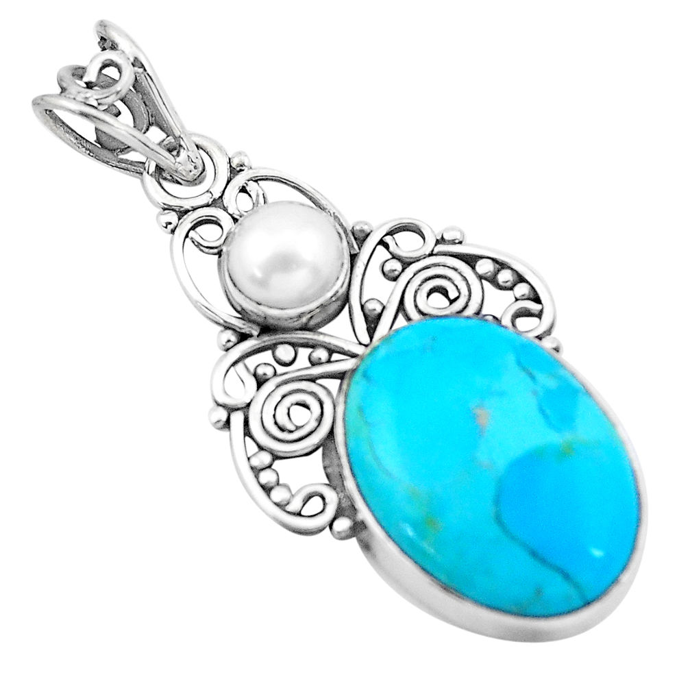 925 sterling silver 12.55cts blue arizona mohave turquoise pearl pendant p20884