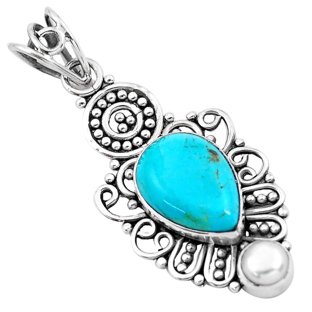 6.39cts blue arizona mohave turquoise pearl 925 sterling silver pendant p20912