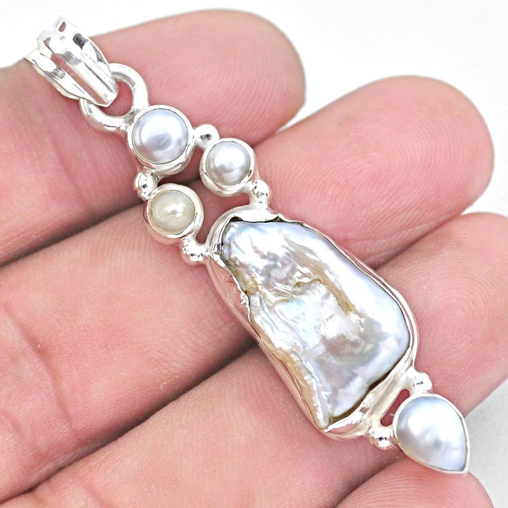 12.83cts natural white biwa pearl 925 sterling silver pendant jewelry p21015