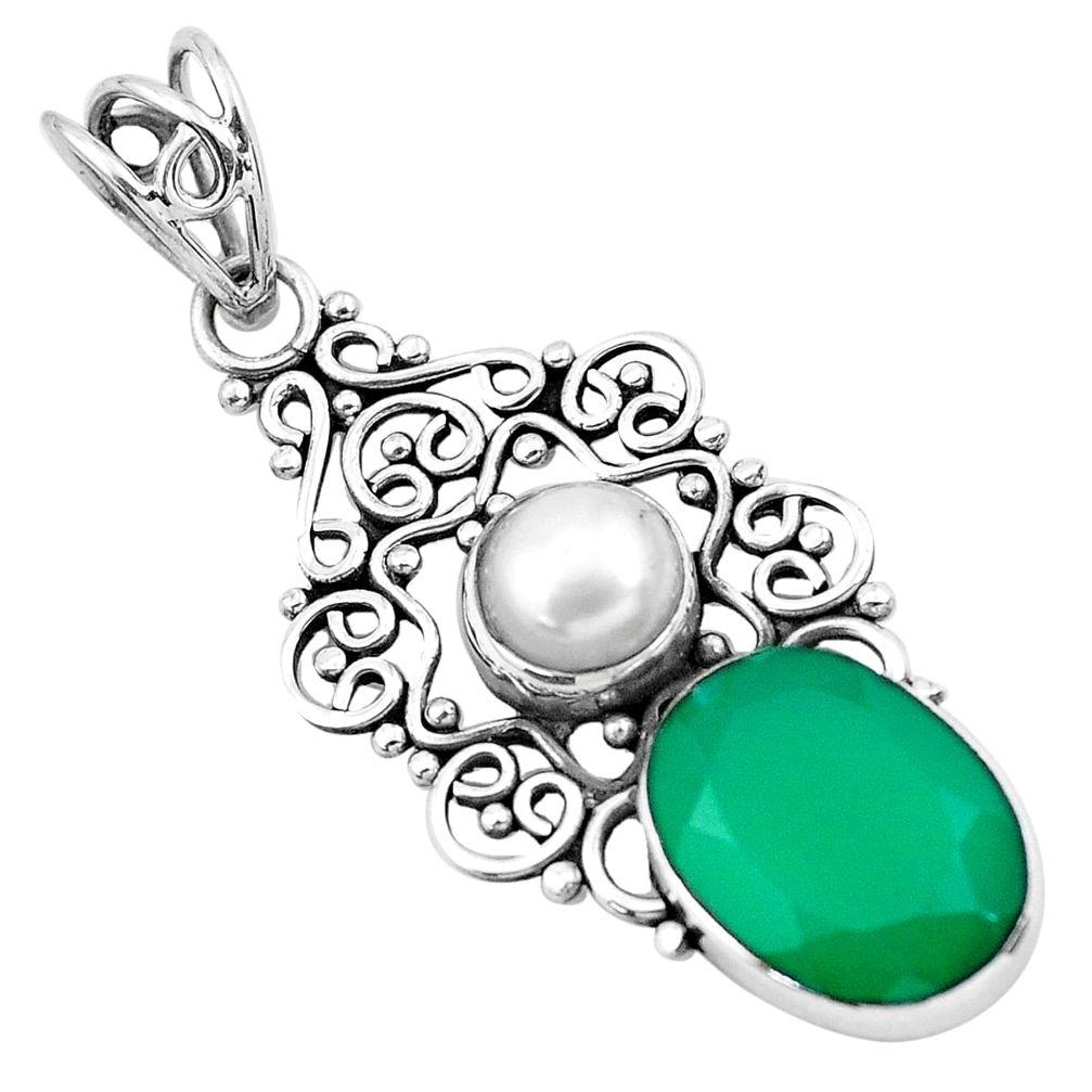 6.39cts natural green chalcedony white pearl 925 sterling silver pendant p21048