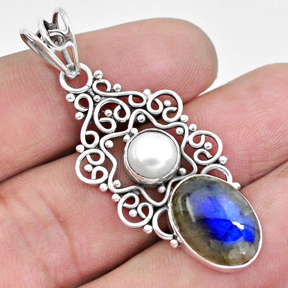 925 sterling silver 7.11cts natural blue labradorite white pearl pendant p21060