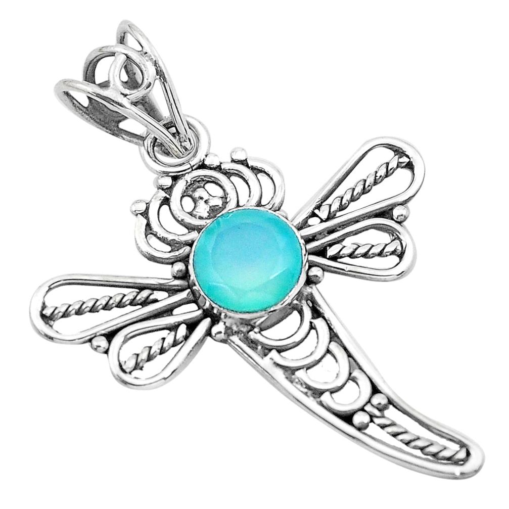 2.61cts natural aqua chalcedony 925 sterling silver dragonfly pendant p21066