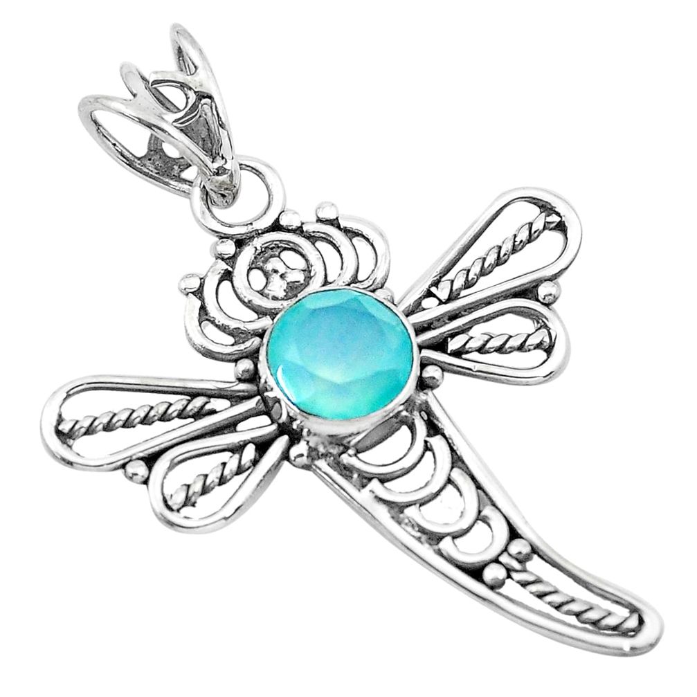 2.61cts natural aqua chalcedony 925 sterling silver dragonfly pendant p21067