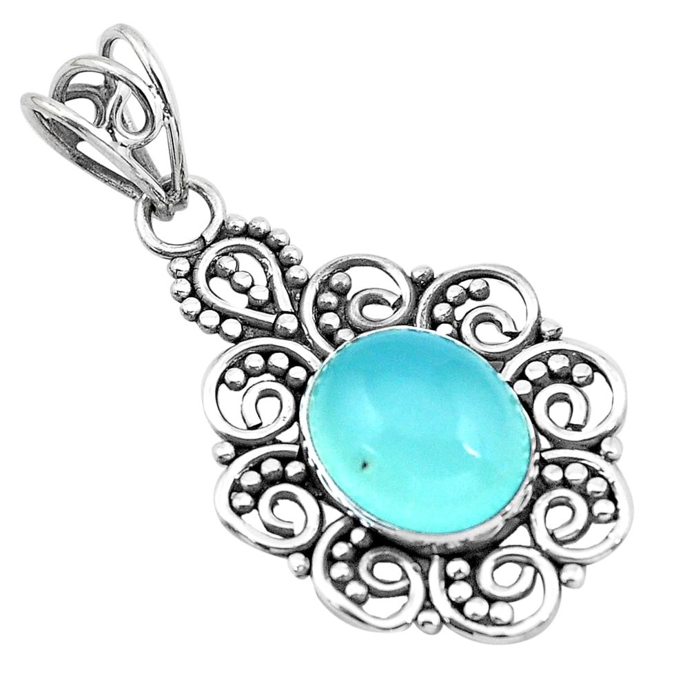 925 sterling silver 4.43cts natural aqua chalcedony oval pendant jewelry p21068