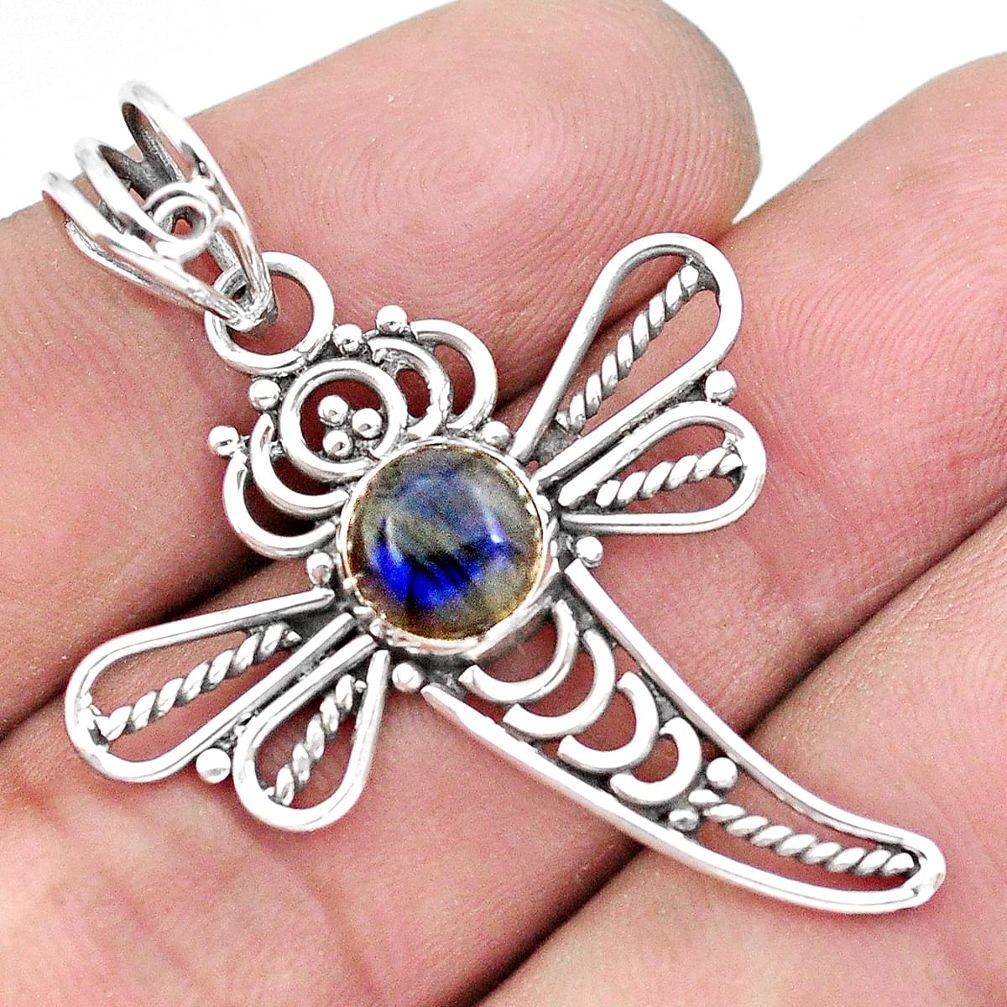 2.11cts natural blue labradorite 925 sterling silver dragonfly pendant p21080