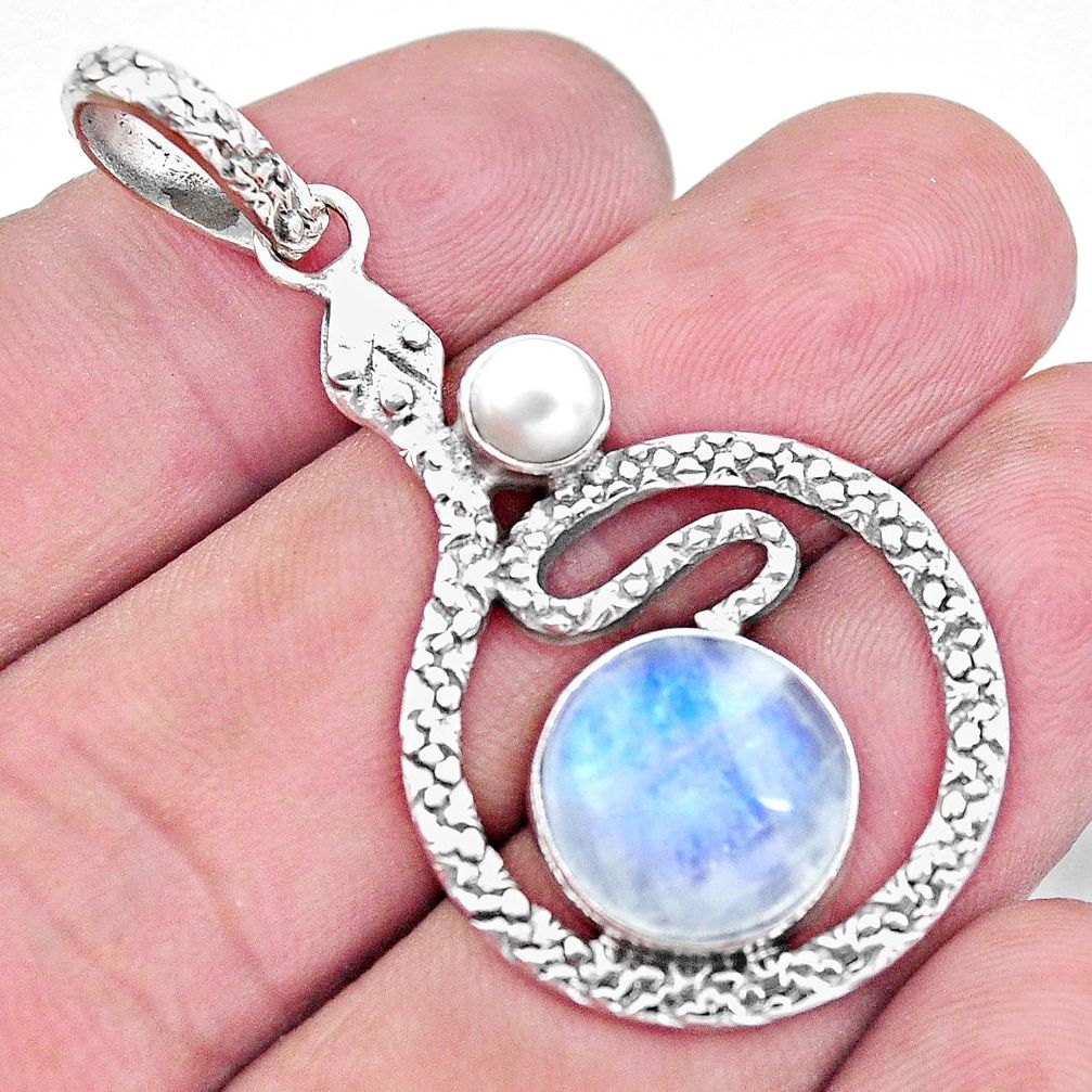 7.58cts natural rainbow moonstone pearl 925 sterling silver snake pendant p21120