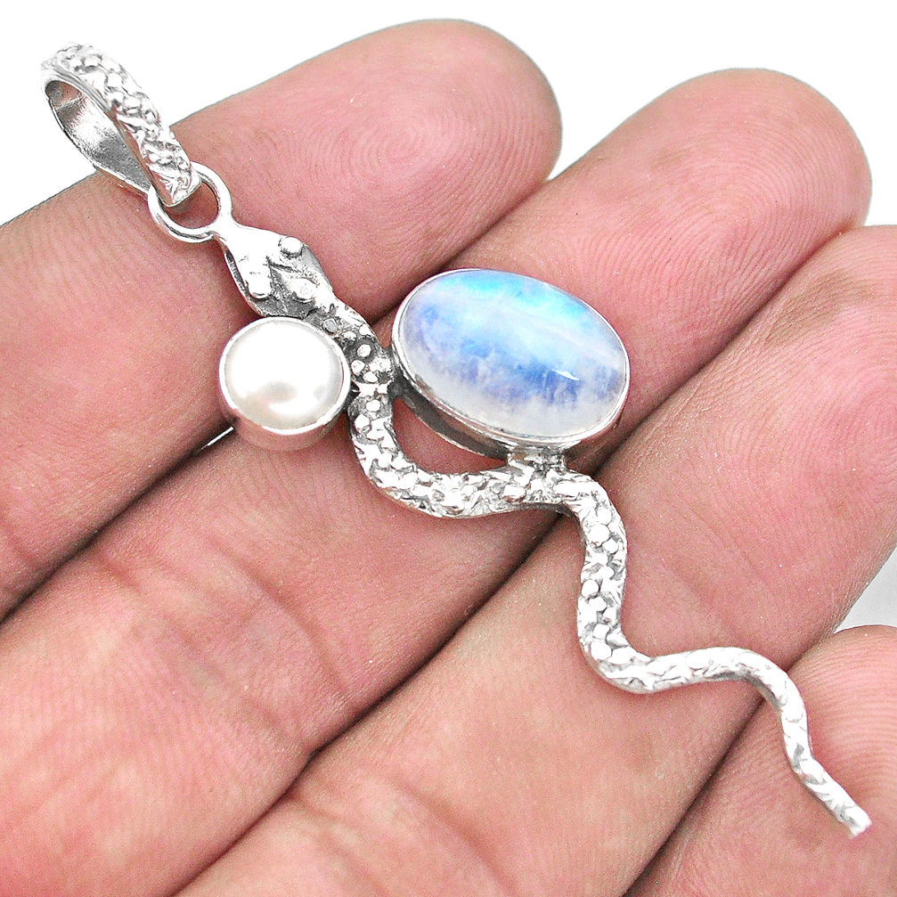 925 sterling silver 6.02cts natural rainbow moonstone pearl snake pendant p21131