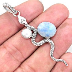 6.36cts natural rainbow moonstone pearl 925 sterling silver snake pendant p21133