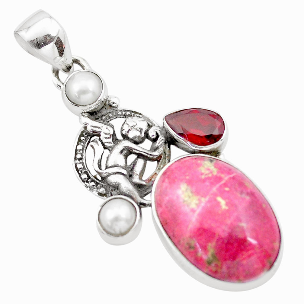 17.36cts natural pink thulite 925 silver cupid angel wings pendant p21141