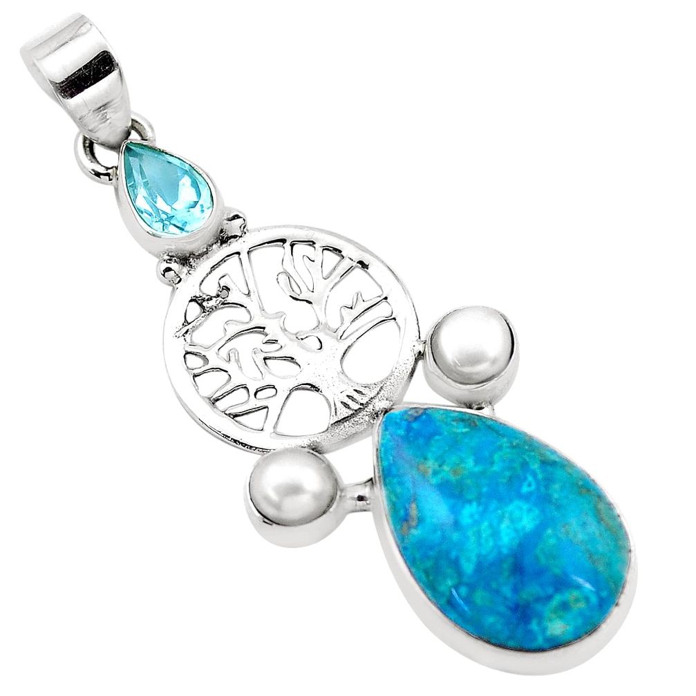 15.85cts natural blue peruvian chrysocolla silver tree of life pendant p21143