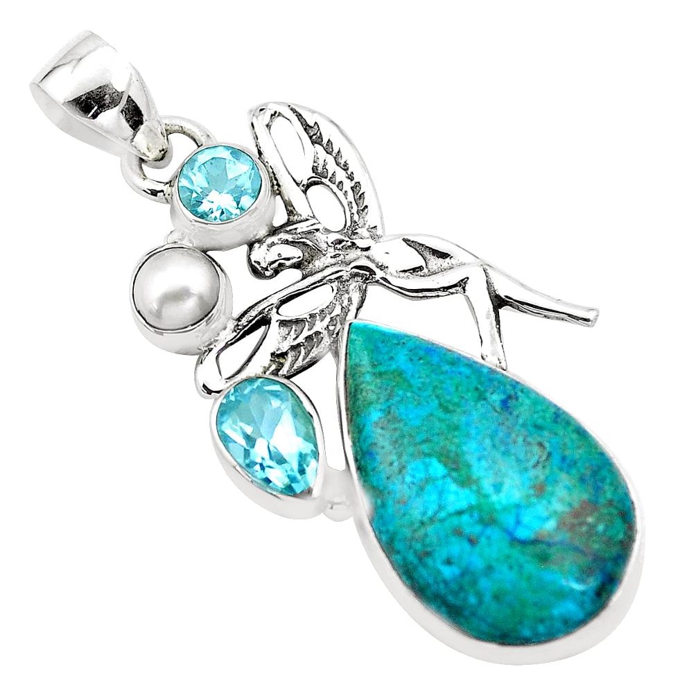 Natural blue peruvian chrysocolla 925 silver angel wings fairy pendant p21145