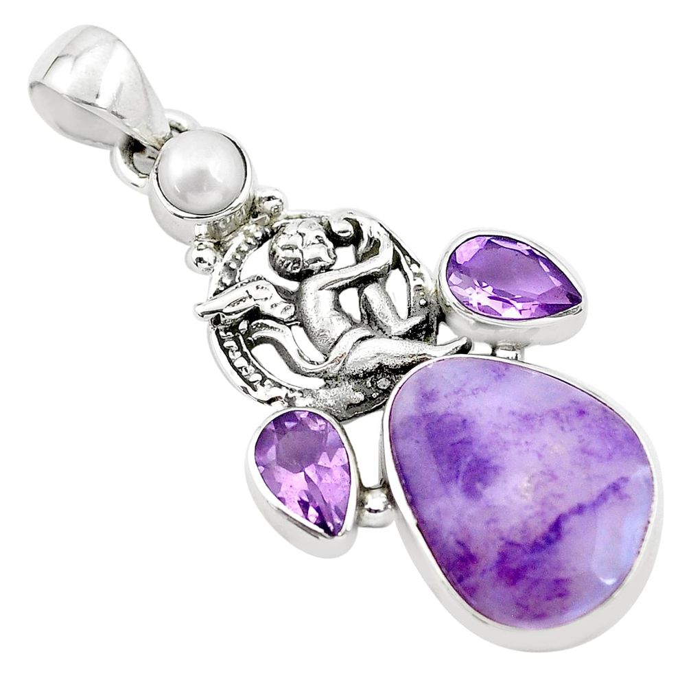 15.47cts natural purple opal 925 silver cupid angel wings pendant p21162