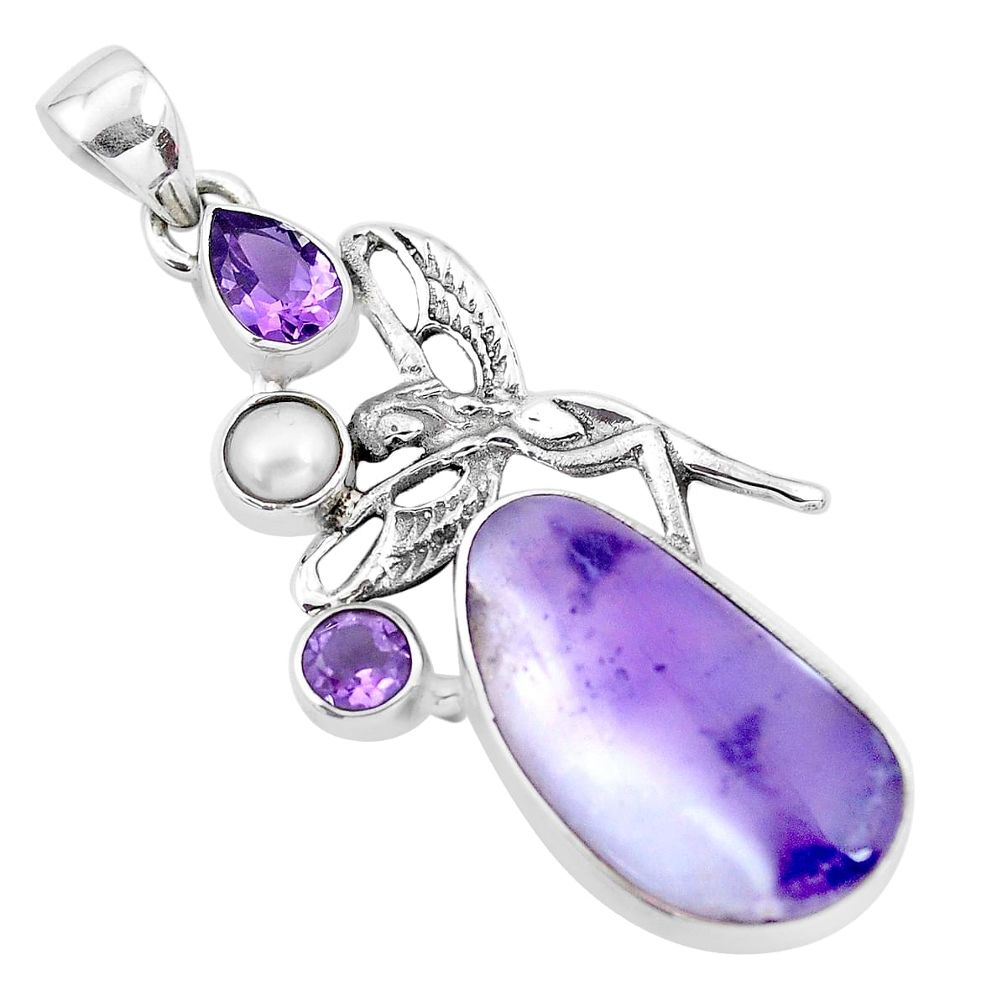 15.97cts natural purple opal pearl 925 silver angel wings fairy pendant p21181