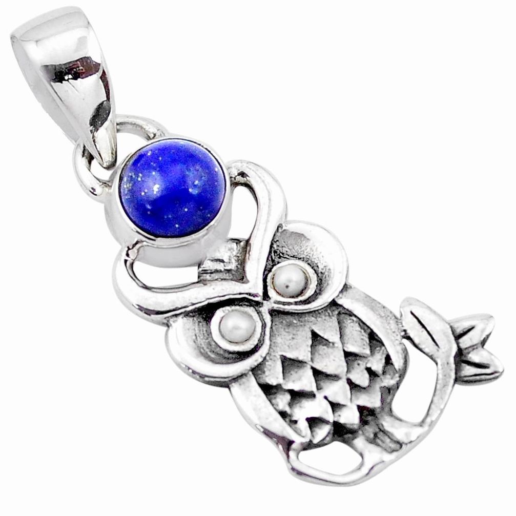 1.63cts natural blue lapis lazuli pearl 925 sterling silver owl pendant p21224