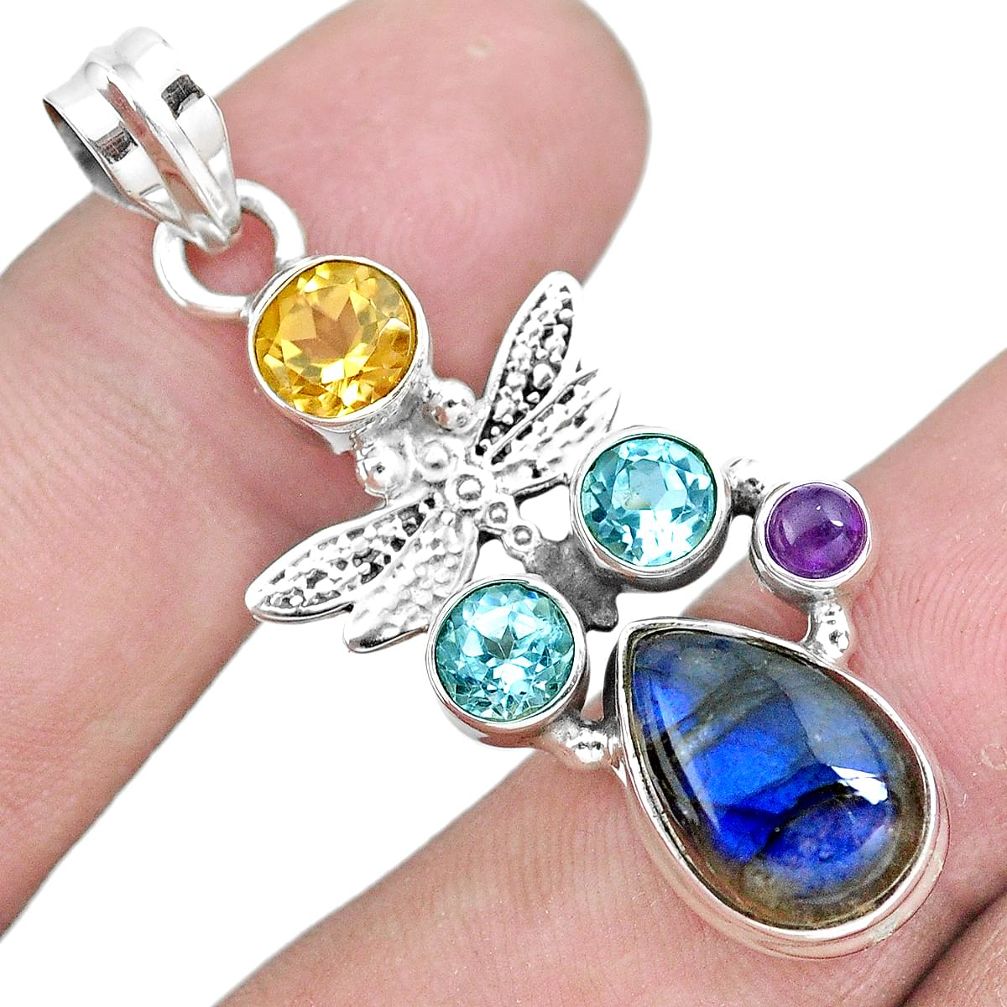 925 silver 8.42cts natural blue labradorite citrine dragonfly pendant p22224