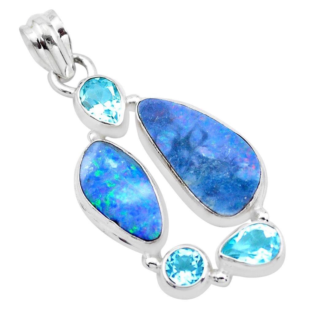 13.71cts natural blue doublet opal australian topaz 925 silver pendant p22281