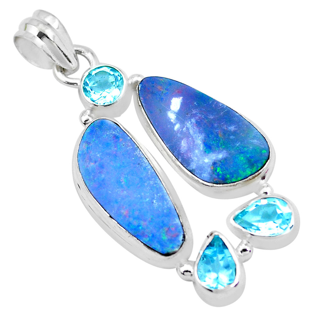 14.61cts natural blue doublet opal australian topaz 925 silver pendant p22291