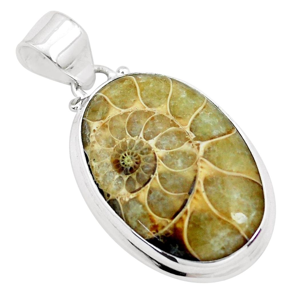 925 sterling silver 20.07cts natural brown ammonite fossil pendant p23404