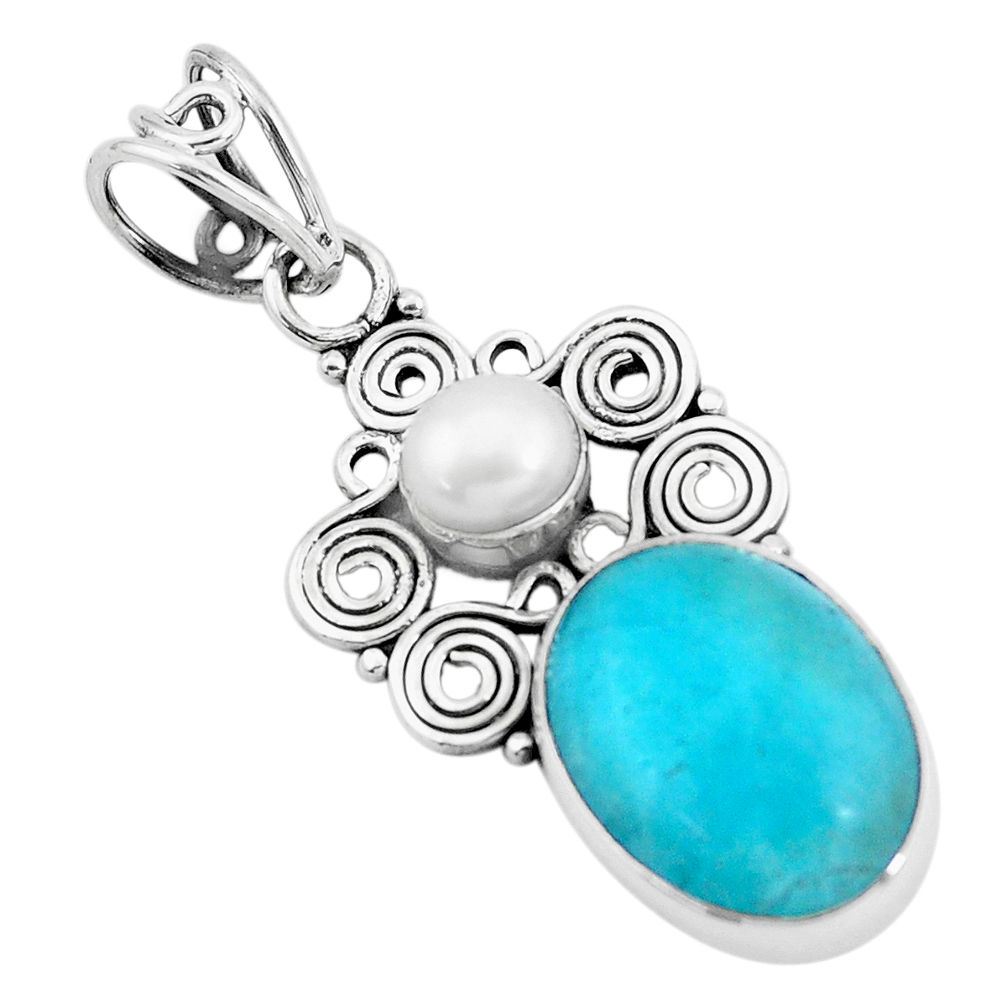 925 silver 9.04cts natural green peruvian amazonite white pearl pendant p24283