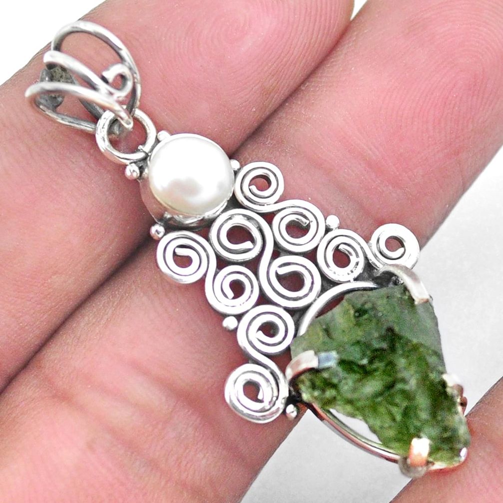 6.47cts natural green moldavite white pearl 925 silver pendant jewelry p24302