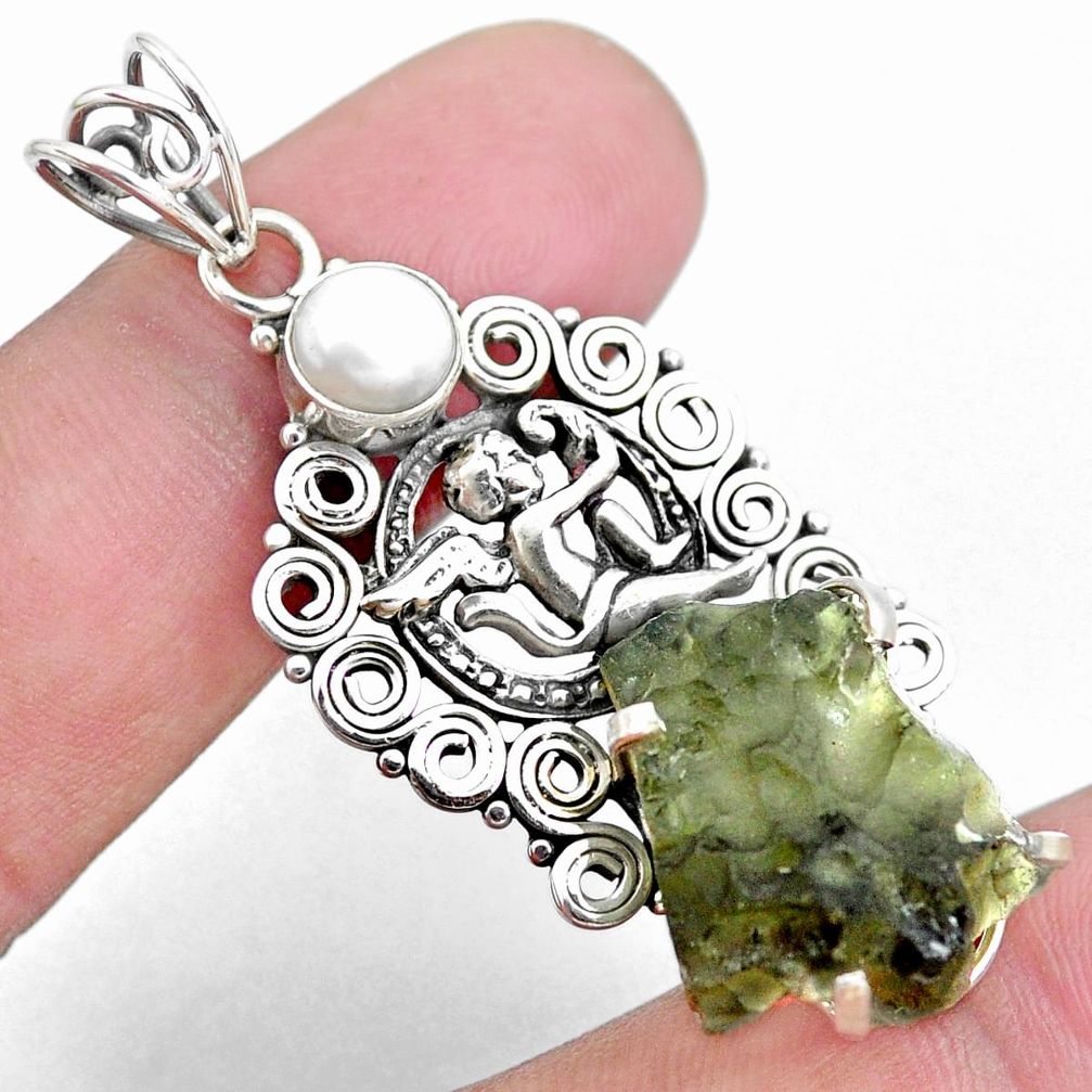 12.28cts natural green moldavite 925 silver cupid angel wings pendant p24314